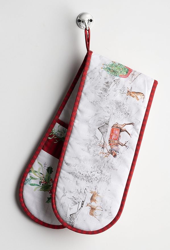 Maison d' Hermine Double Oven Mitt (7" x 35") 100% Cotton Heat Resistant BBQ Cooking Gloves with Loop for Thanksgiving Christmas Decorations Baking Cooking Handling Hot Pan (Christmas Tradition)