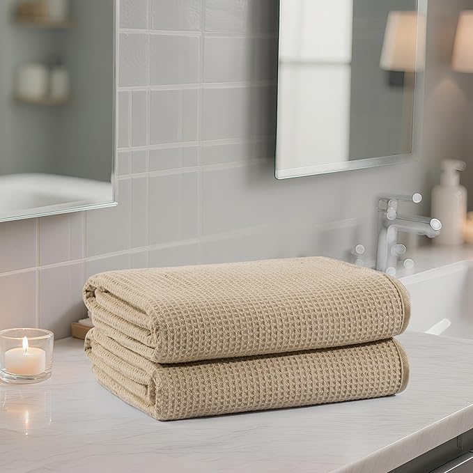 POLYTE 380 GSM Microfiber Oversize Quick Dry Lint Free Waffle Bath Towel for Body, 60 x 30 in, Set of 2