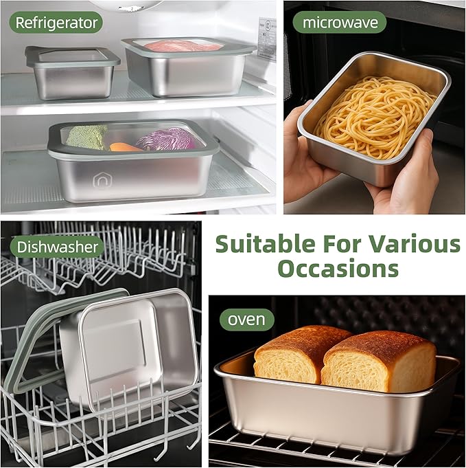 Meal Prep Containers, 3 Size-21/40/74oz Glass Food Storage Containers with Leak Proof Airtight Lids, Stainless Steel Bento Lunch Boxes, Kitchen Storage for Oven, Freezer, Dishwasher