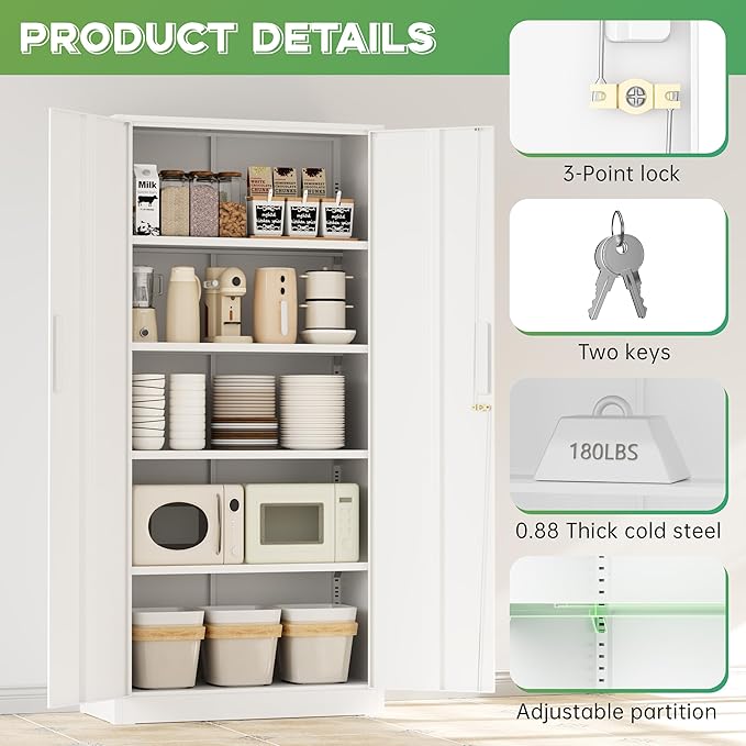 INTERGREAT Metal Storage Cabinet, 72" H Lockable Steel Cabinets with Locking Doors, Storage Locker with Adjustable Shelves for Office, Home, Garage, Gym, School (White)