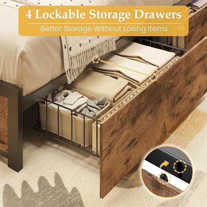 Lifezone Twin Bed Frame with 2-Tier Storage Headboard, Metal Platform Bed Frame with 4 Storage Drawers, Built in Charging Station & LED, Noise-Free/Metal Support/No Box Spring Needed, Vintage Brown