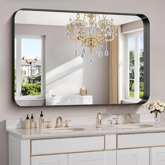 FORBATH 55x36 Inch Large Bathroom Mirror for Double Sinks, Brushed Black Deep Frame Wall Mirror with Rounded Corners, Anti-Rust Tempered Glass for Modern Farmhouse Vanity (Horizontal/Vertical)