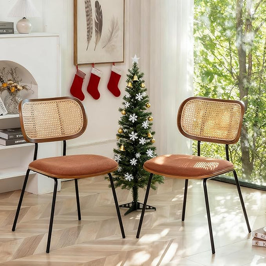 Rattan Dining Chairs Set of 2, Christmas Decoration Mid Century Modern Dining Chairs with Cane Back for Kitchen Dining Room, 19 Inch Fabric Orange