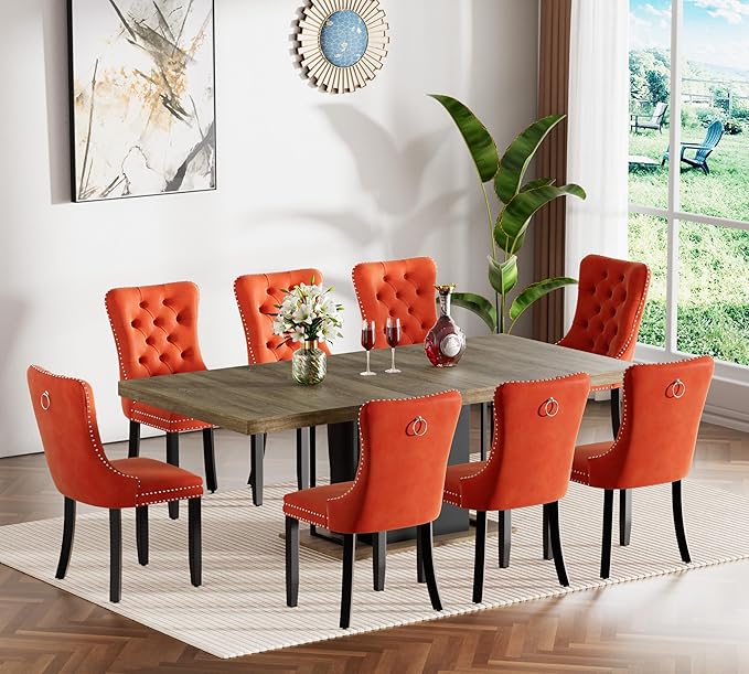 Goujxcy 78.7" Farmhouse Extendable Dining Room Table Set for 8, 9-Piece Rectangle Kitchen Dining Room Table Set with Wood Base and 8 Orange Velvet Dining Chairs, Extending Kitchen & Dining Table Set