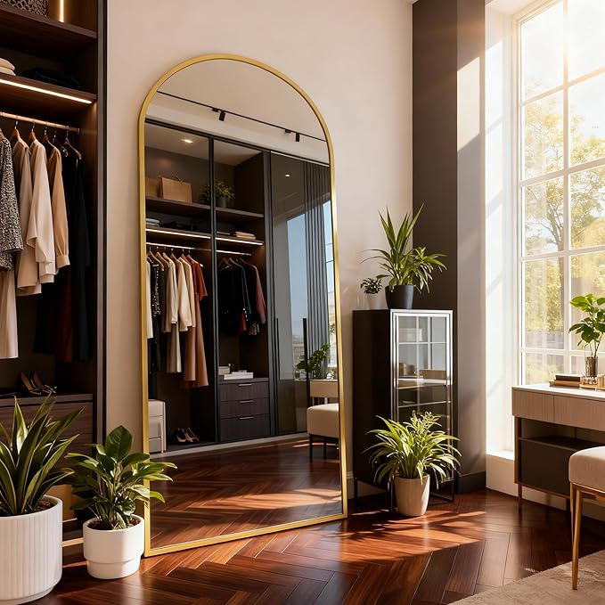 Arched Full Length Mirror, 71" L x 32" W Floor Mirror, Aluminum Alloy Frame, Shatterproof Glass - Free Standing, Leaning or Wall Mounted for Bedroom, Living Room, Entryway, Modern Home (Gold)