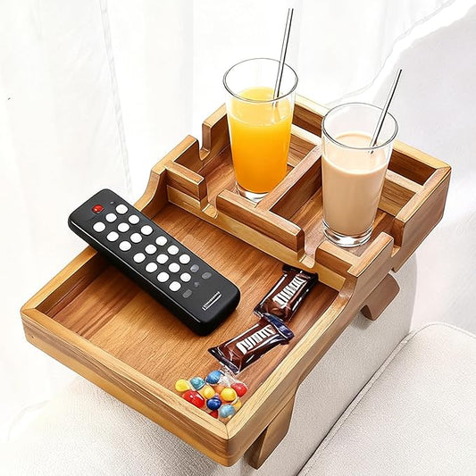 Acacia Wood Couch Arm Tray, 15.35"x9.85" Couch Armrest Table with Cup Holder, Foldable Desktop for Dual Use Sofa Arm Tray, with Non-Slip Feet