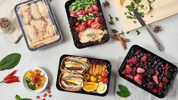 FULING 50 Pack Meal Prep Plastic Food Storage Containers With Lids 28 oz 1 Compartment Black Rectangular Reusable To Go Lunch Prepping Boxes BPA-Free Microwavable Freezer Dishwasher Safe Stackable