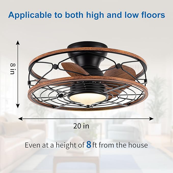 TIFEROR 20'' Low Profile Ceiling Fans With Light, Flush Mount Caged Ceiling Fan With Remote Control, Reversible Motor With Low Noise And Energy Efficient, 3 Color LED