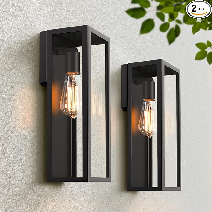 2-Pack Outdoor Wall Lanterns, Exterior Waterproof Wall Sconce with Glass Shades, Matte Black Porch Lights Wall Mounted, Anti-Rust E26 Modern Wall Lighting Fixtures for Patio Garage Entryway Front Door