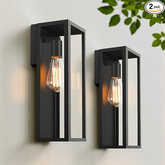 2-Pack Outdoor Wall Lanterns, Exterior Waterproof Wall Sconce with Glass Shades, Matte Black Porch Lights Wall Mounted, Anti-Rust E26 Modern Wall Lighting Fixtures for Patio Garage Entryway Front Door