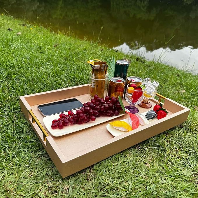 14x20 Inches Champagne Faux Leather Wrapped Wood Serving Tray with Metal Handles for Various Occasions, Ottoman, Home Decorative, Living Room, Coffee Table Organizer, Serving Breakfast On Bed