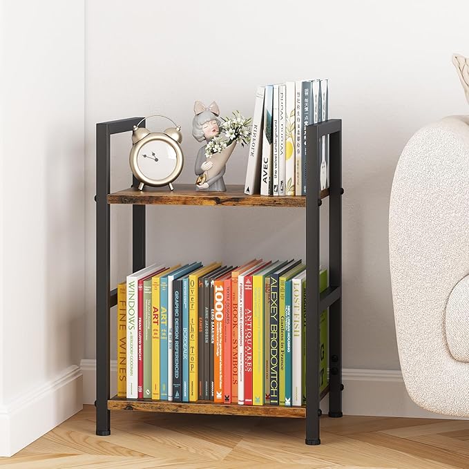Small Bookshelf for Small Space, 2 Tier Industrial Bookcase,Narrow Book Case Storage Organizer Book Shelf for Living Room, Bedroom and Office, Easy Assembly(2 Tier,Rustic Brown)