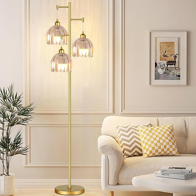 Modern Floor Lamp for Living Room Bedroom-3 Light Gold Floor Lamp with Glass Lampshape, Flower Tall Lamp Glass Standing Lamp Tree Floor Lamps for Living Room Bedroom,Corner
