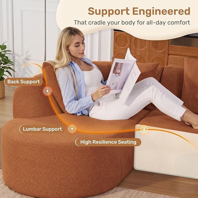 114 Inch Boneless Couches for Living Room,Modern Modular Sectional Sofa with Chaise,L-Shape Cloud Sectional Couch,No Assembly Required,Brown