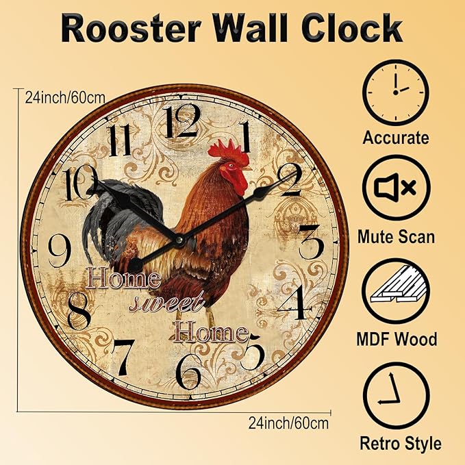 24 Inch Large Vintage Rooster Clock for Living Room,Silent Retro Farmhouse Wall Clock for Kitchen Bedroom,Rustic No-Ticking Wall Clock Battery Operated for Home Office School