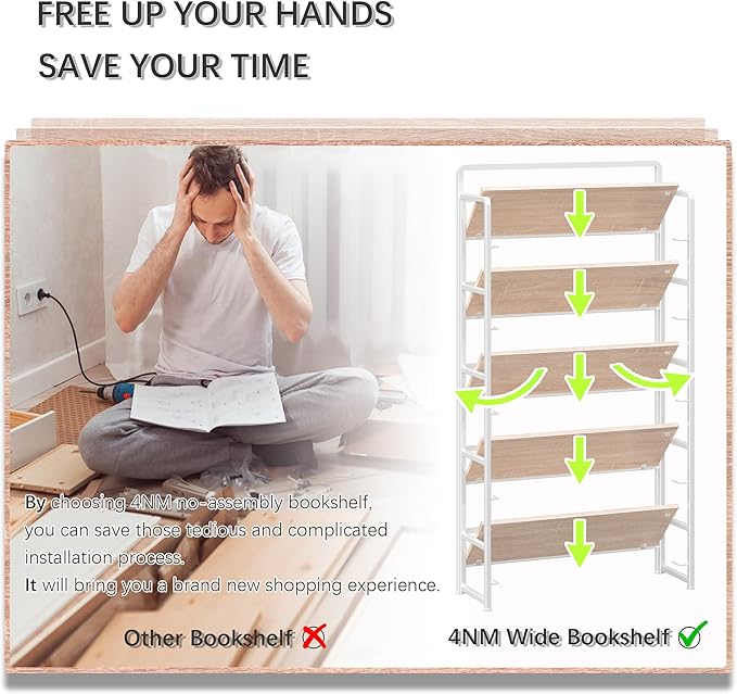 4NM No Assembly Extra Wide 5 Tiers Folding Bookshelf Storage Shelves Vintage Bookcase Standing Racks Study Organizer Home Office (Natural White)