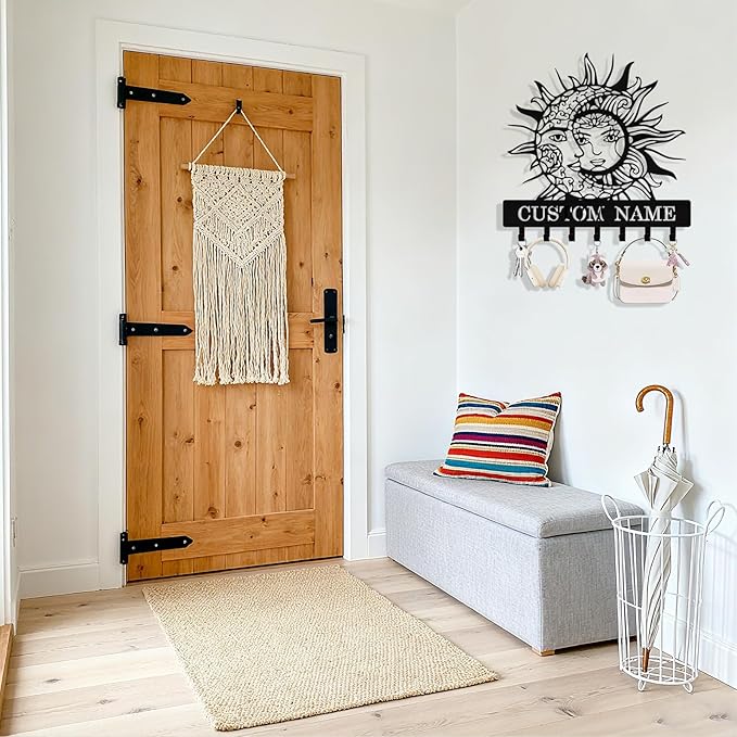 Personalized Moon Sun Key Holder Wall Mount, Custom Metal Key Holder for Wall with Name, Custom Keys Rack Hanger with Hooks for Entryway, Front Door, Hallway, Living Room, Kitchen