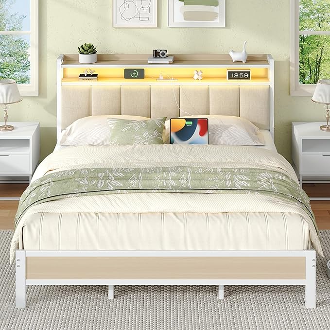 King Size Bed Frame with Storage Headboard, Metal Platform Bed Frame King Size with LED Lights and Charging Station, Heavy Duty Metal Slats, No Box Spring Needed, Easy Assembly, Beige