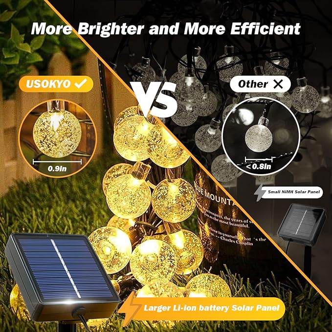 Solar Lights Outdoor Waterproof, 2 Pack Total 200LED 110FT Solar String Lights for Outside with 8 Modes, Outdoor String Lights Crystal Globe Patio Lights for Garden Yard Party Decor(Warm White)