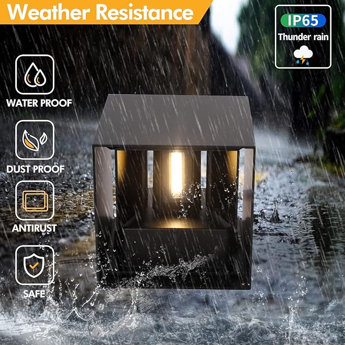 2 Pack LED Outdoor Wall Lights Exterior/Interior, Up and Down Lights IP65 Waterproof Wall Sconces, Square Aluminum Outdoor Wall Lighting Fixtures, Modern Black 12W 3000K Warm Lights