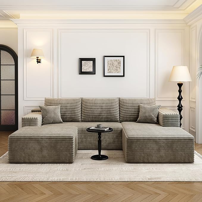 107.5"Cloud Modular Sectional Couch with 1 Ottoman,Modern Minimalist Upholstered Couches, Comfort U Shaped Sofa for Living Room,Deep Seat Corner Couch，No Assembly Required (Camel,Right Facing Chaise)