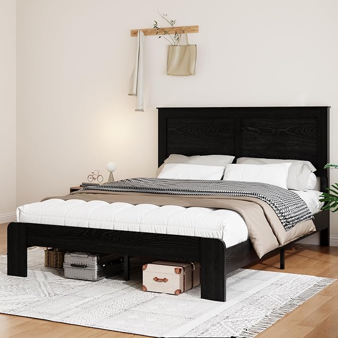 Wooden Bed Frame Full Size with Headboard, Farmhouse Platform Bedframe with Wood Slat Support, Sturdy Framework Bed Frame, Easy Assembly (Rustic Black)