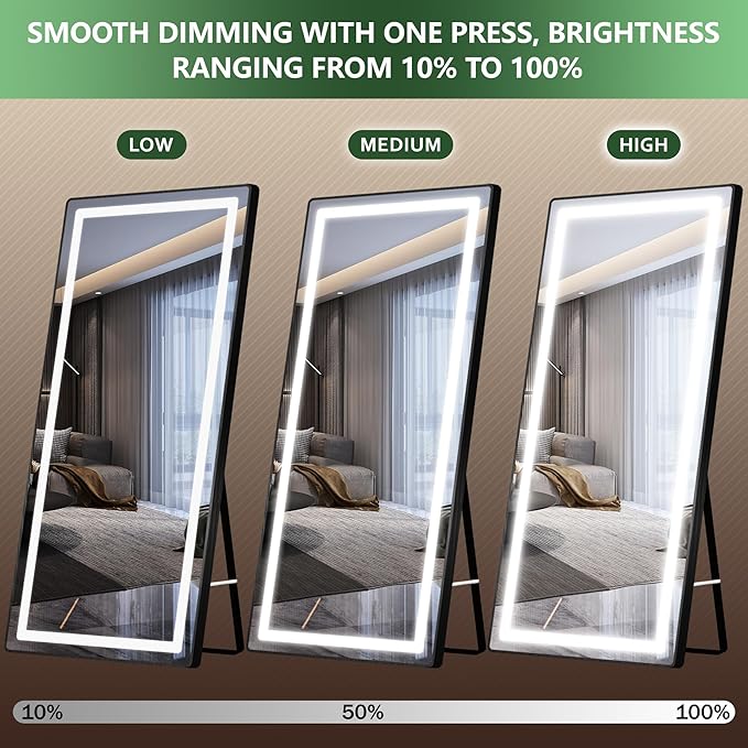 FENNIO Full Length Mirror with Lights, 71"x32" LED Full Body, Free Standing Lighted Floor Mirror, Wall Mounted Hanging Mirror for Bedroom, Salon, 3-Color Lighting [Tempered Glass]