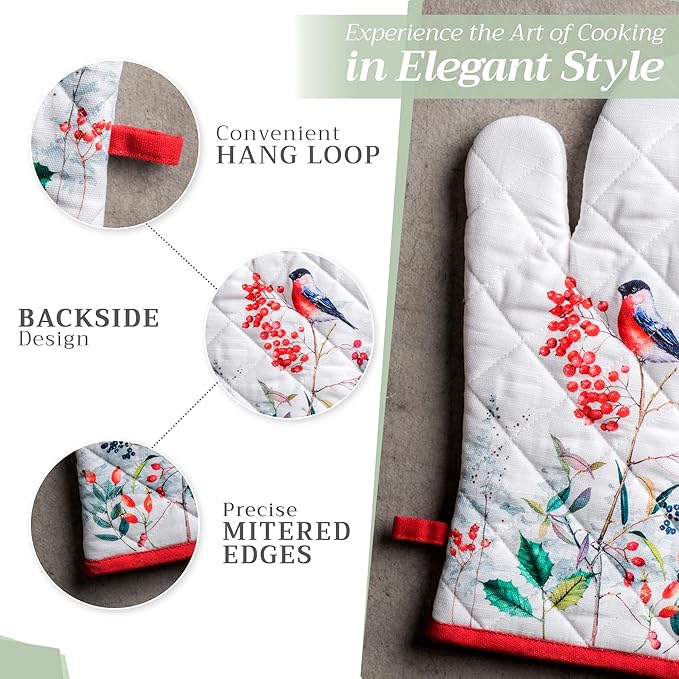 Maison d' Hermine 100% Cotton Oven Mitt & Pot Holder Set (7.5"x13" & 8"x8") Heat Resistant BBQ Cooking Gloves with Loop for Thanksgiving Christmas Decorations Handling Hot Pans (Morzine)