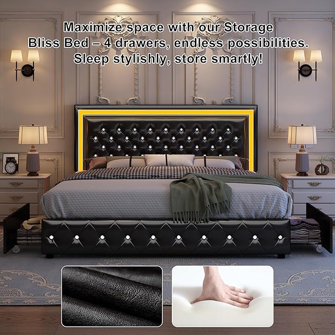 Queen Led Bed Frame with 4 Storage Drawers, Bed Frame with Led Lights, No Box Spring Needed, 900 lbs Capacity, Easy Assembly, PU Black