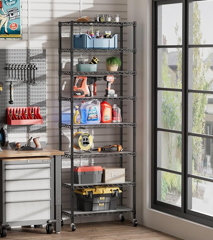SINGAYE 8 Garage Heavy Duty Shelving Unit Kitchen Pantry Close Home Organizers and Storage Bathroom Shelf Laundry Room Organization Industrial Book Metal Wire Adjustable Shelves