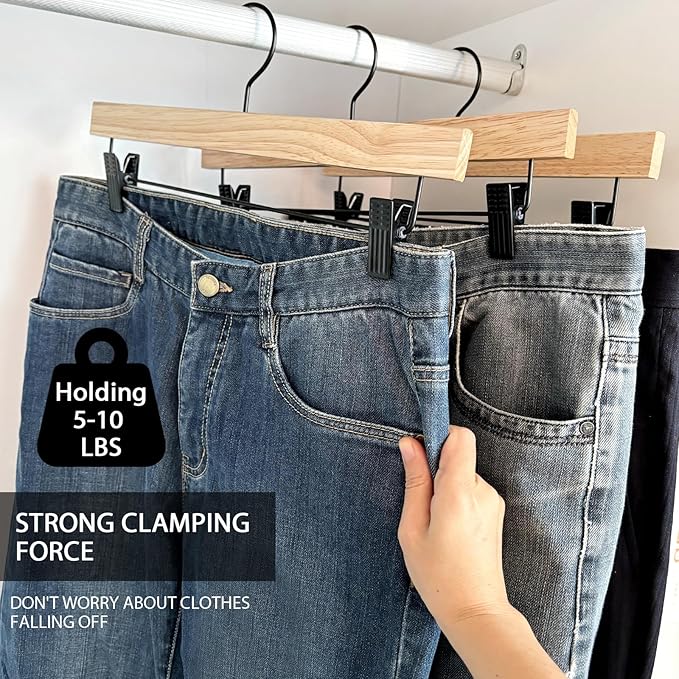 Nature Smile Deluxe Wooden Pants Hangers,Solid Rubber Wood Jeans Skirt Hanger with Black Adjustable Clips and Rotatable Hook Pack of 10(Natural Varnished)