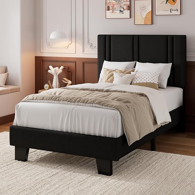 iPormis Twin Platform Bed Frame with Fabric Upholstered Headboard & Thickened Legs, Mattress Foundation with Solid Wooden Slats Support, No Box Spring Needed, Noise Free, Black