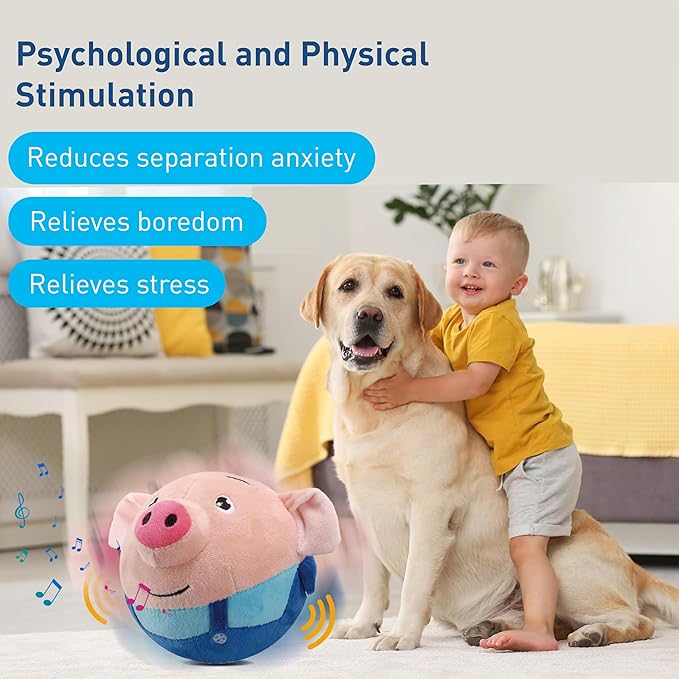 Active Pet Plush Sound Dog Toy, Interactive Ball - Washable Cartoon Pig, Squeaky Dog Toys for Indoor Play (Blue Pig)