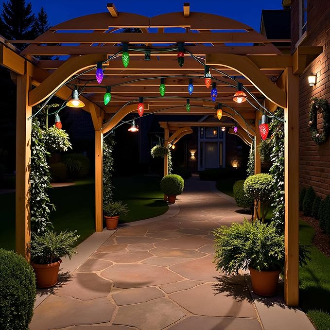 YULETIME Multicolor C9 LED Christmas Lights, 25 Feet 25 Count 12" Spacing Faceted Strawberry Bulbs UL Certified Outdoor String Light Set (Multicolor)