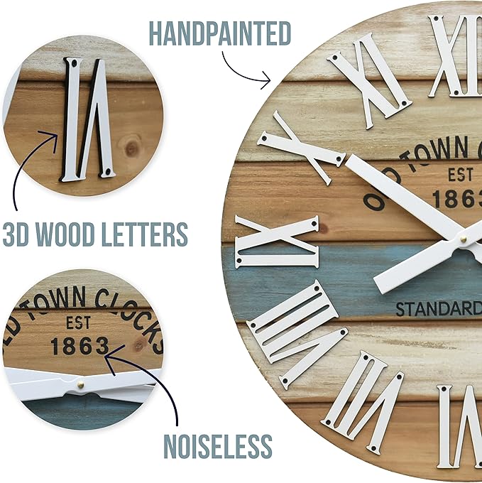 18" Wooden Multi-Color Maritime Coastal Beach Large Roman Wall Clock (Blue, 18 inch)