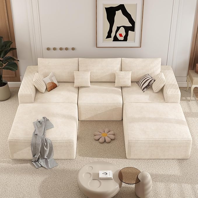 113" Modular Sectional Sofa, Convertible U-Shaped Cloud Couches for Living Room with Ottoman, 5 Seater Corduroy Boneless Couch Sofa Set, No Assembly Required, Beige 1 PCS