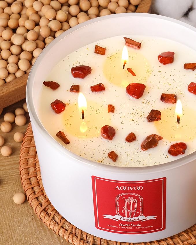 AOOVOO Apple Cinnamon Scented Candles for Women - 20oz 3 Wick Soy Candles for Home Scented, Aromatherapy Candle with Crystals Inside, Birthday Gifts Christmas Candle for Women Mom