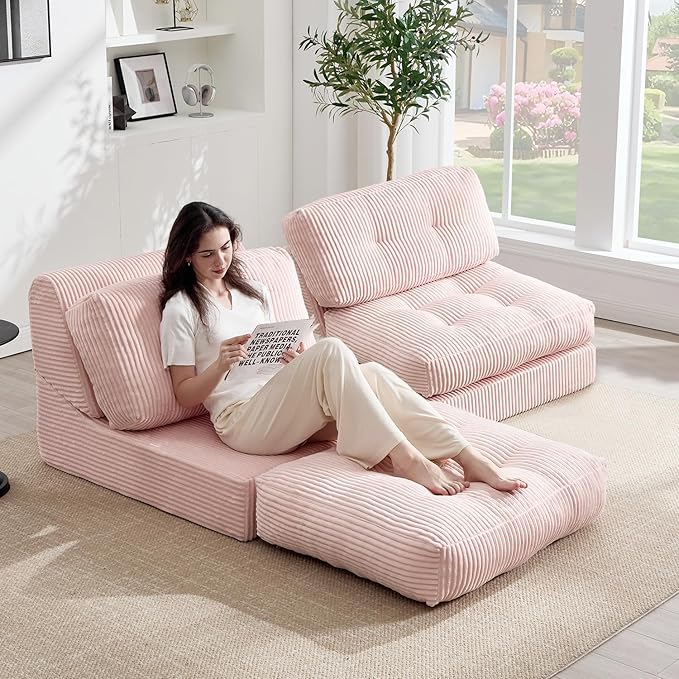 Tbfit 35.8'' Folding Sofa Bed, Convertible Sleeper Chair with Large Pillow, Corduroy Folding Couch Bed, Portable & Foldable Mattress Boneless Floor Single Sofa for Living Room, Bedroom, Office, Pink