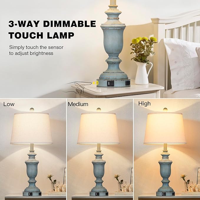 25.6" Coastal Table Lamps Set of 2 with USB C+A Ports & AC Outlet for Rustic Living Room Retro Bedroom,3-Way Dimmable Touch Lamp Bedside Lamps for Nightstand Side End Table,Retro Blue