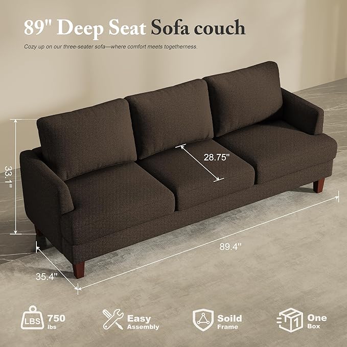 3 Seater Sofa Couch with Deep Seats, 89" Mid Century Modern Upholstered Sofa with Armrests, Comfy Couches for Living Room, Bedroom and Office, Linen Fabric Apartment Couch (Linen Brown)