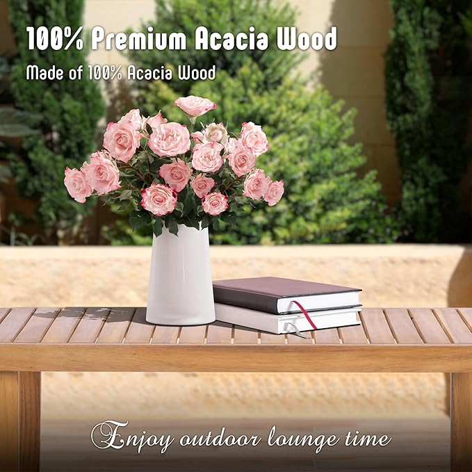 Outdoor Patio Furniture Set, 4 Piece Patio Sofa Bench and 2 Single Sofa Chairs with Table & Padded Cushions, Acacia Wood Outdoor Patio Lounge Conversation Set for Deck Backyard Balcony