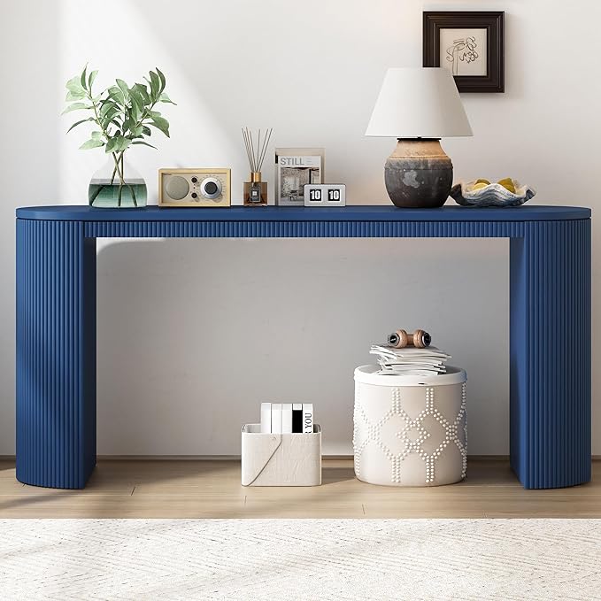 Modern Curved Console Table 59.2-Inch Fluted Entryway Sofa Table for Living Room Entrance Hallway Furniture, Navy
