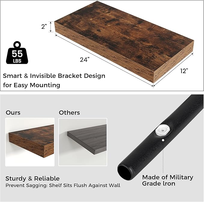 Floating Shelves for Wall, 24 Inch Wide x 12 Inch Deep Floating Shelves, Long Wood Floating Wall Shelf Shelves for Living Room Bathroom Bedroom Kitchen Home - (Brown, 24" W x 12" D x 2" H)