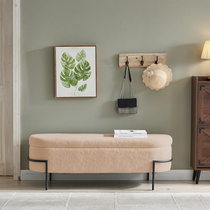 Sherpa Storage Ottoman Bench for Bedroom, Beige End of Bed Bench with Storage, Upholstered Boucle Storage Bench with Metal Stand and Hinges, Oval Ottoman for Living Room, 52 Inch