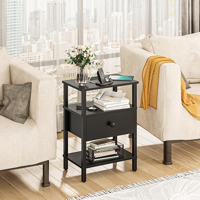 Lerliuo Nightstand with Charging Station and USB Ports, 3-Tier Storage End Table with Drawer Shelf, Night Stand for Small Spaces, Wood Bed Side Table for Living Room, Bedroom - Classic Black