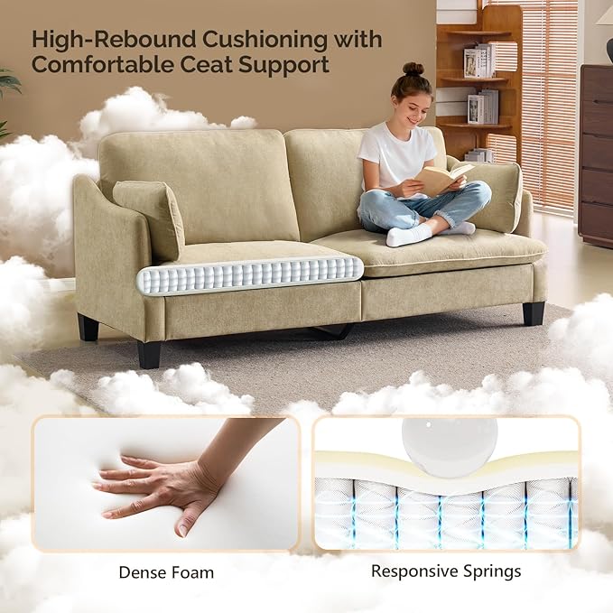 VINGLI 84" W Oversized Comfy Two Seat Love Seat, 37" Extra Deep Seat Piping Design Loveseat Couch with Two Pillows, Linen Fabric Modern Small Sofa for Small Living Room, Bedroom, Khaki