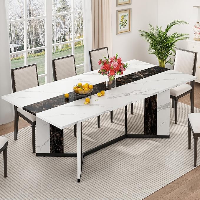 71 inch Dining Table for 4 5 6 | Modern White&Black Rectangular Kitchen Table W/Waterproof Wood Tabletop,Farmhouse Long Dining Room Tables W/Adjustable Legs&Wood Strip Base for Kitchen Living Room