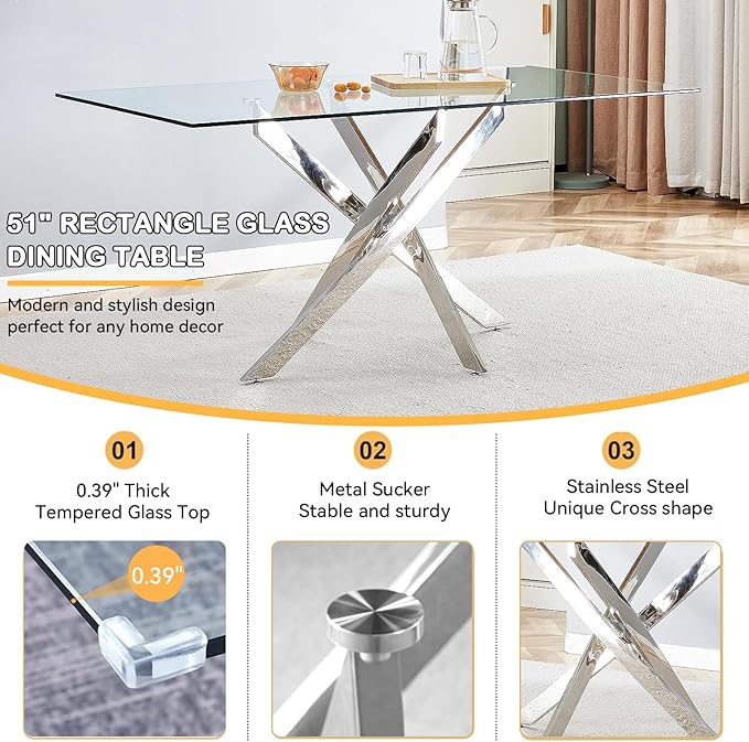 Goujxcy 51" Glass Dining Table Set for 4, Modern Kitchen Table and Chairs Set w/Steel Legs, 5-Piece Dining Table Set w/Glass Silver Dining Table and 4 Grey Velvet Chairs for Kitchen Dining Room