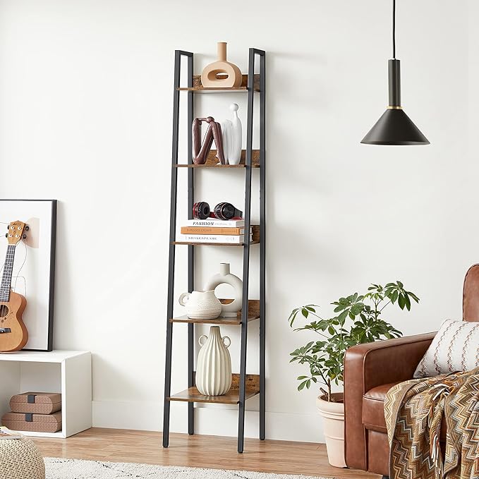 VASAGLE Bookshelf, 5-Tier Narrow Book Shelf, 11.8 x 13.3 x 66.9 Inches, Ladder Shelf for Home Office, Living Room, Bedroom, Kitchen, Rustic Brown and Ink Black ULLS109B01
