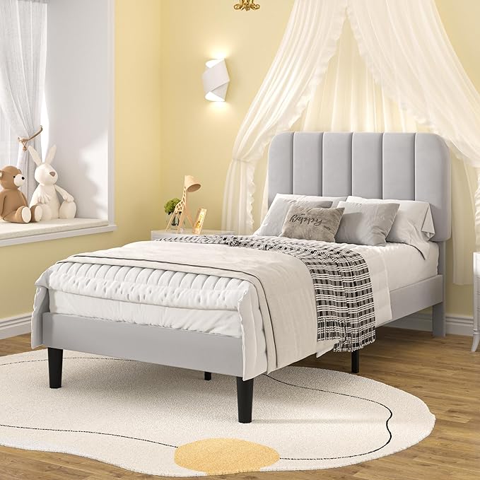 VECELO Twin Size Bed Frame with Upholstered Headboard, Velvet Platform Bedframe Mattress Foundation, Strong Wood Slat Support, No Box Spring Needed,Light Grey